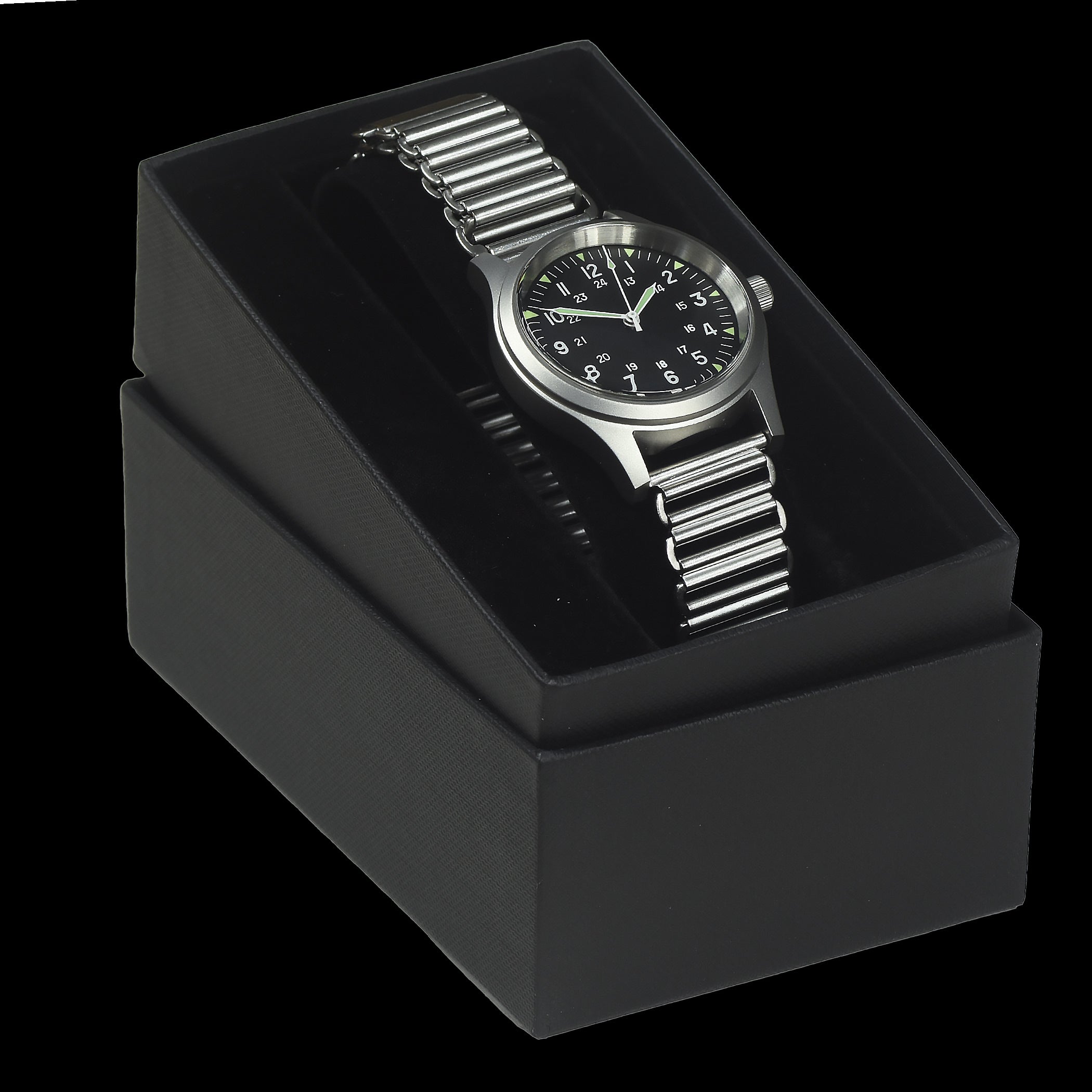 GG-W-113 U.S 1960s Pattern Automatic Military Watch 100m Water Resistant with Shatter and Scratch Resistant Sapphire Box Crystal on Matching Retro Stainless Steel "Bonklip" Bracelet with an Additional Webbing Strap