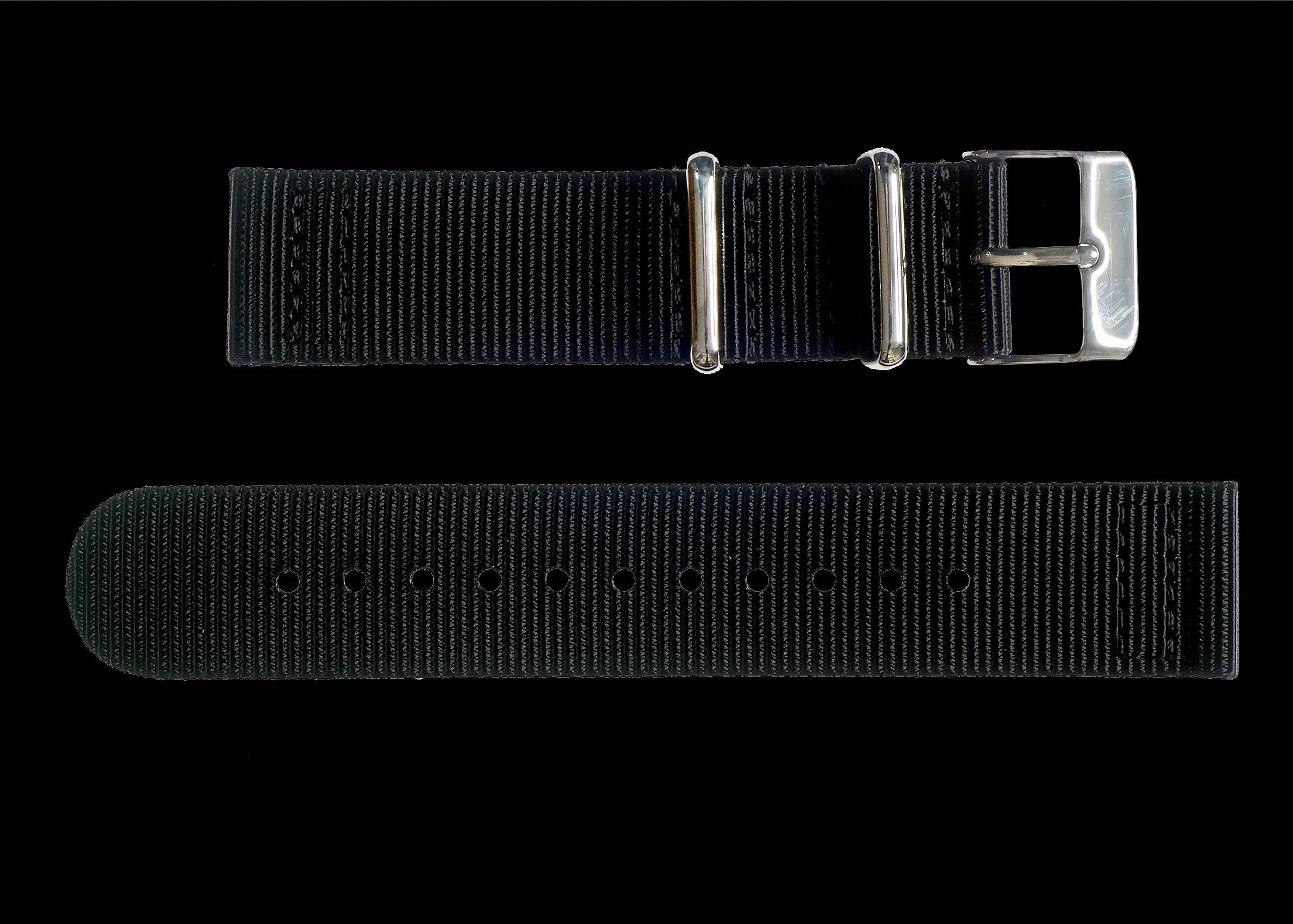 2 Piece 20mm Black NATO Military Watch Strap in Ballistic Nylon with Stainless Steel Fasteners