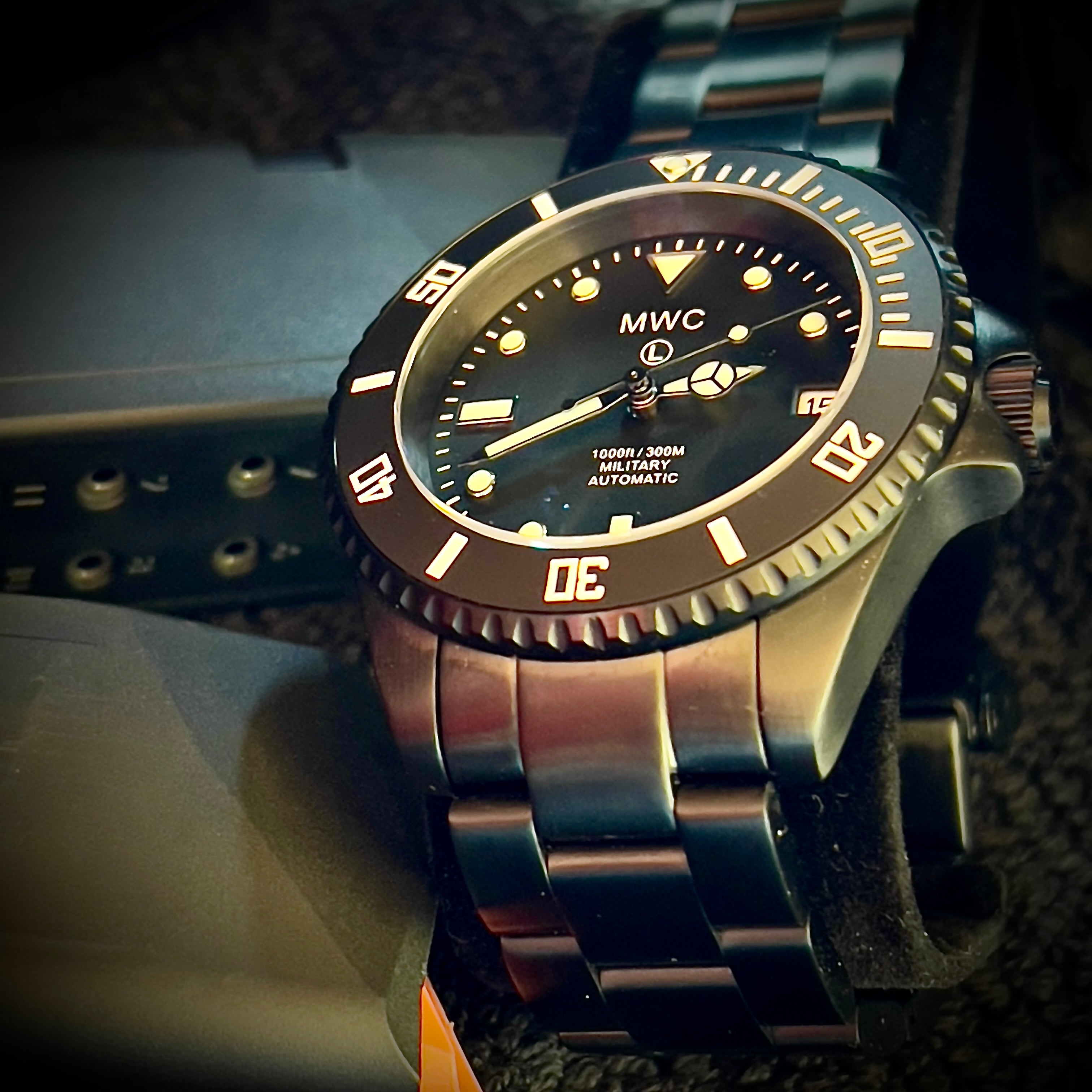 MWC 24 Jewel 300m Automatic Military Divers Watch with Sapphire Crystal and Ceramic Bezel on a Matching Stainless Steel Bracelet