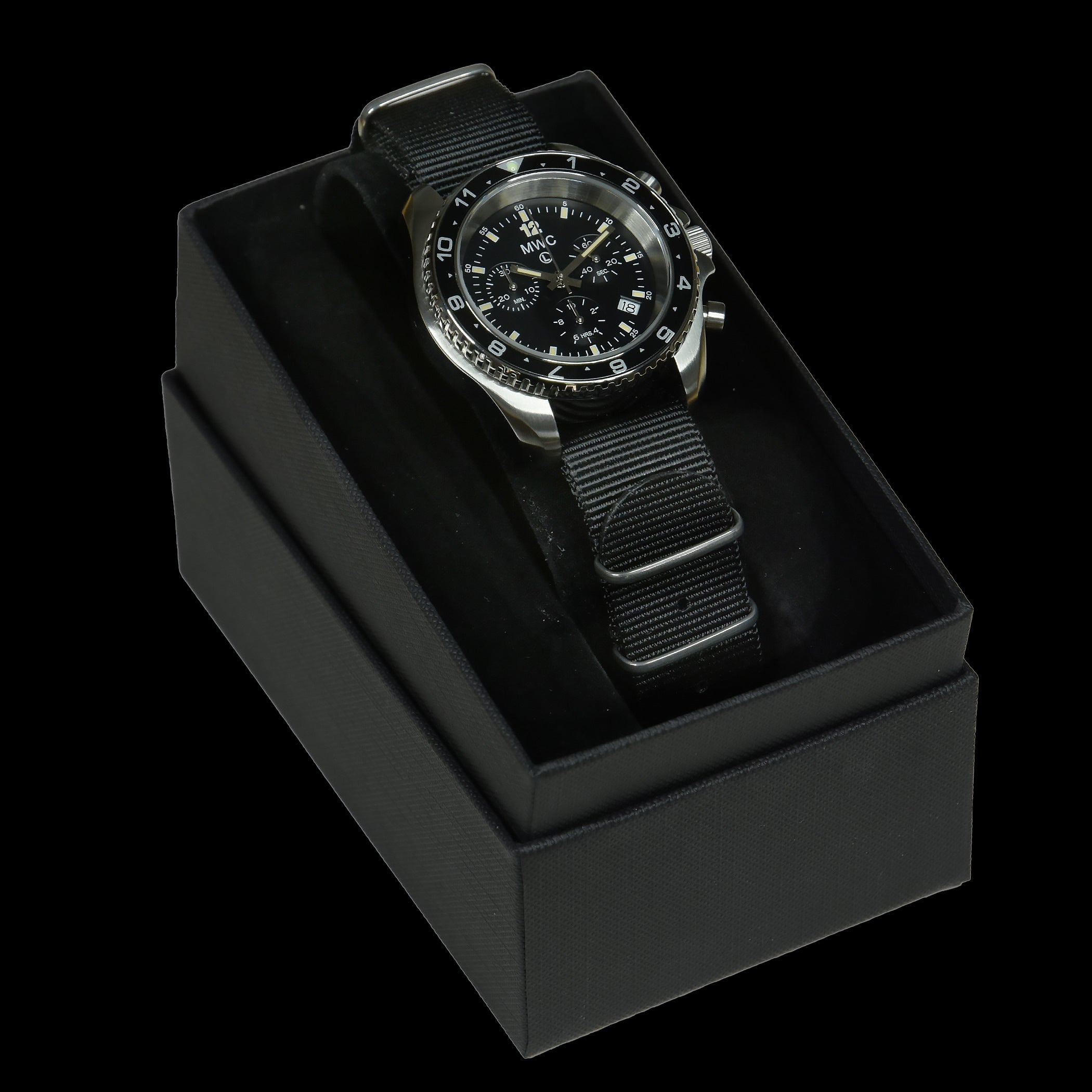 MWC NATO Pattern Stainless Steel Military Pilots Chronograph with Sapphire Crystal and Swiss Ronda Movement - 12 Hour GMT Bezel - Ex Photographic Watch Reduced to Clear