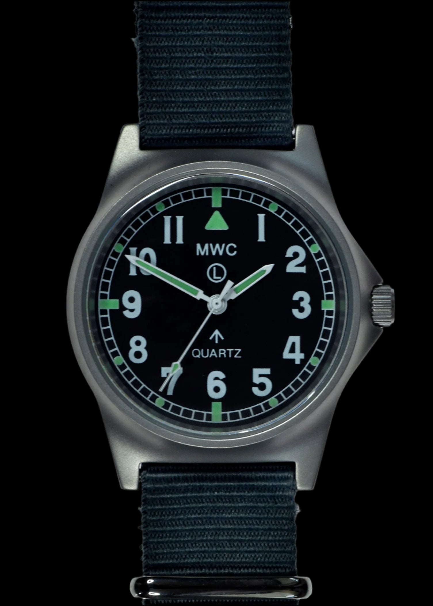 MWC G10LM Stainless Steel Military Watch – Black NATO Strap (Contract Model with Broad Arrow / Pheon) – Non-Date Window Version