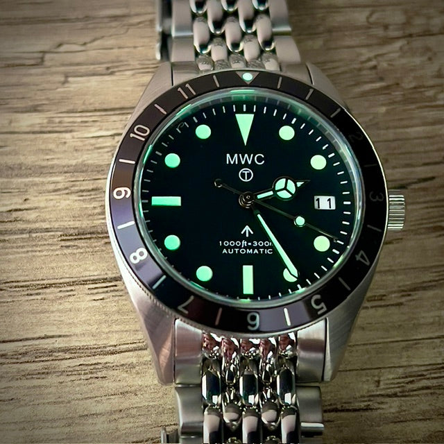 MWC Classic 1960s Pattern Dual Time Zone Automatic Divers Watch with Retro Luminous Paint and Sapphire Crystal on Matching Stainless Steel Bracelet - Ex Photographic Sample Reduced