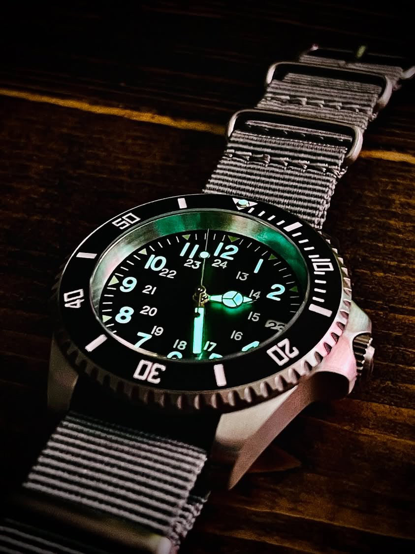 MWC 24 Jewel U.S Pattern 300m Automatic Military Divers Watch with Sapphire Crystal and Ceramic Bezel on a NATO Webbing Strap