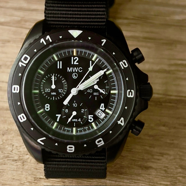 MWC NATO Pattern Stainless Steel Military Pilots Chronograph with Sapphire Crystal and Swiss Ronda Movement - 12 Hour GMT Bezel and GTLS/Tritium Illumination