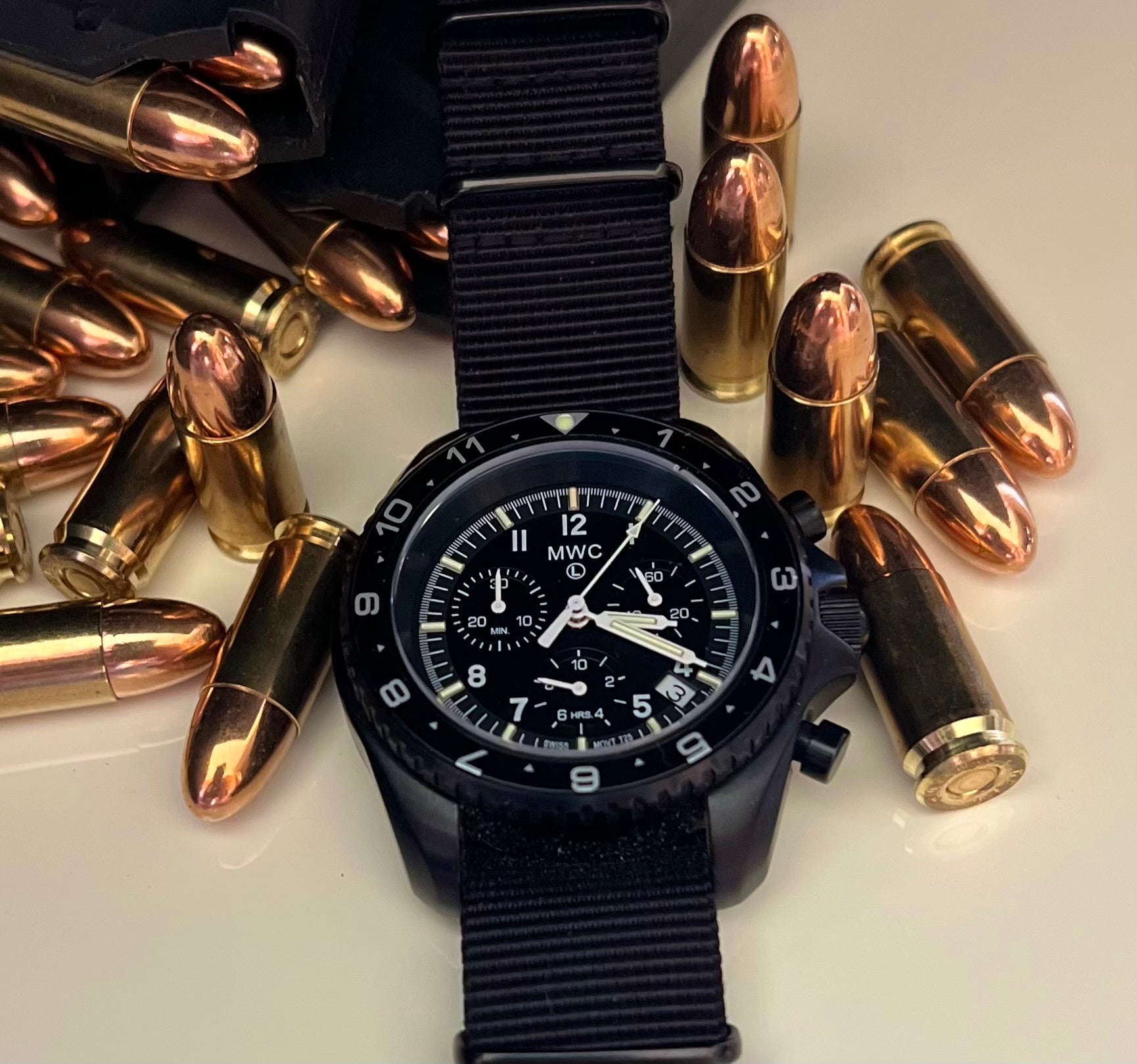 MWC NATO Pattern Stainless Steel Military Pilots Chronograph with Sapphire Crystal and Swiss Ronda Movement - 12 Hour GMT Bezel and GTLS/Tritium Illumination