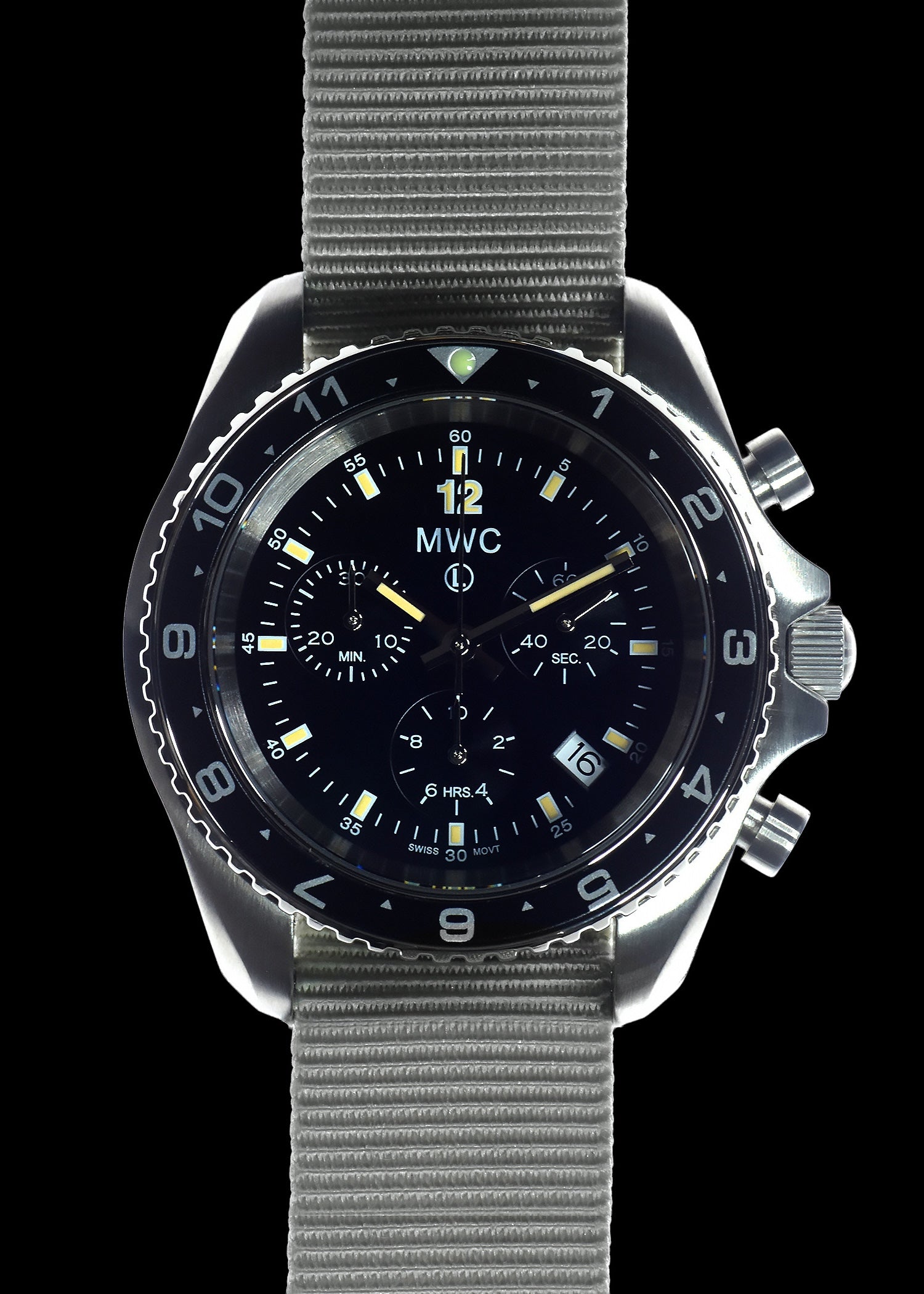 MWC NATO Pattern Stainless Steel Military Pilots Chronograph with Sapphire Crystal and Swiss Ronda Movement - 12 Hour GMT Bezel - Ex Photographic Watch Reduced to Clear