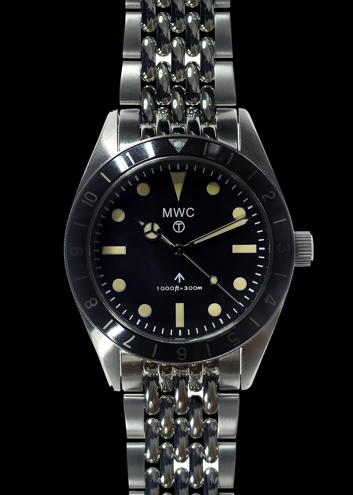 MWC Classic 1960s Pattern Dual Time Zone Divers Watch with Retro Luminova Paint and a Hybrid Mechanical/Quartz Movement on Matching Bracelet